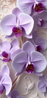 Purple orchids with intricate details on a decorative background.