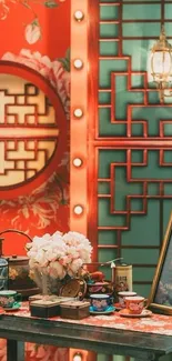 Elegant oriental interior design with floral and lattice details.
