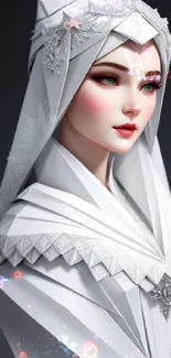 Serene portrait in elegant origami style with white and gray tones.