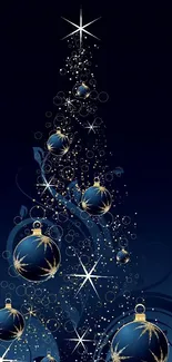 Elegant Christmas tree with blue ornaments on dark blue background.