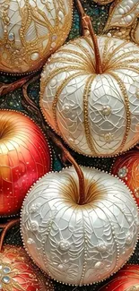 Intricate gold and white ornamental apples artwork.