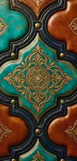 Intricate ornamental patterned wallpaper in teal and brown hues.