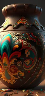 Ornately designed clay vase with vibrant colors on a dark background.