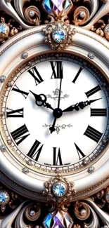 Ornate clock face with gemstones and Roman numerals on elegant wallpaper.