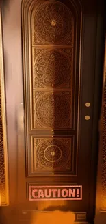 Elegant ornate door with caution sign wallpaper, rich in golden brown tones.