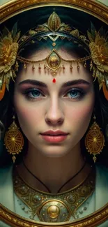 Elegant fantasy portrait with ornate golden headdress and vibrant colors, perfect for wallpaper.