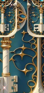 Intricate golden keys on blue background.
