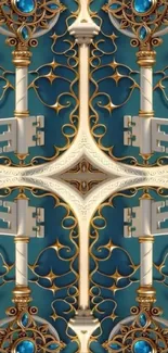 Ornate key design with intricate patterns and teal background.