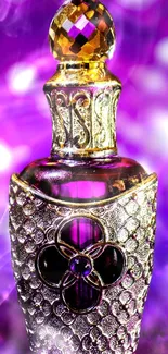 Ornate perfume bottle with purple glow and golden details.