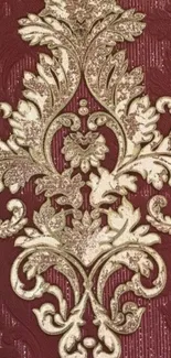 Baroque floral wallpaper in burgundy and gold with intricate design.