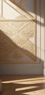 Luxurious ornate wall with golden accents in soft sunlight.