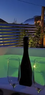 Evening relaxation in an outdoor hot tub with champagne.