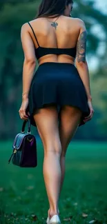 Woman in black outfit walking in park setting.