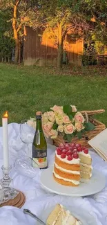 Outdoor picnic scene with cake, candles, and greenery.