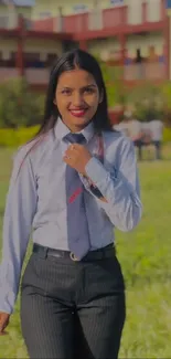 Elegant woman in business attire outdoors.