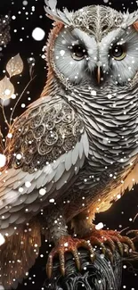 Intricate owl artwork with glowing botanical elements on a dark background.