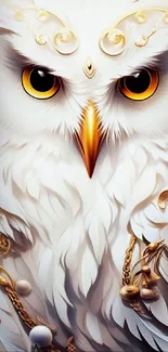 Artistic owl with white feathers and decorative elements.