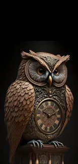 Intricate owl clock design in brown tones on a mobile wallpaper.