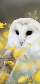 White owl surrounded by yellow flowers in a meadow.