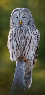 Majestic owl perched in a lush green forest.