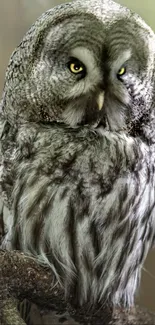 A majestic owl perched on a branch in serene gray tones.