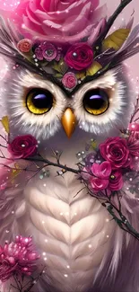 A pink owl with roses, elegantly detailed in digital art.