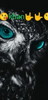 Dark themed owl wallpaper with teal eyes and emojis.