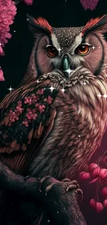 Elegant owl surrounded by pink cherry blossoms.