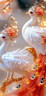 Two elegant fantasy birds with detailed, vibrant plumage.