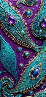 Intricate paisley design with turquoise and purple hues.