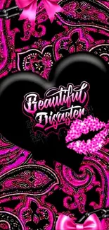 Elegant paisley heart wallpaper with vibrant pink.