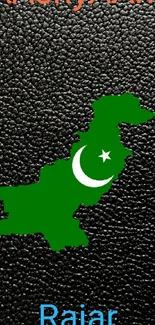 Black wallpaper featuring a green map of Pakistan with a crescent and star.