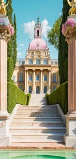 Elegant garden view with palace and columns under a clear sky.