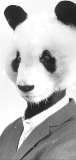 Panda in a suit with artistic gray tones on mobile wallpaper.