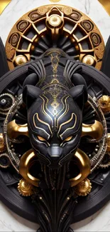 Majestic black panther with golden gears in Art Deco style on marble background.