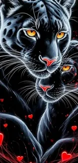 Elegant black panthers with red hearts.