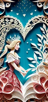 Elegant paper art wallpaper with a princess and floral design in teal tones.