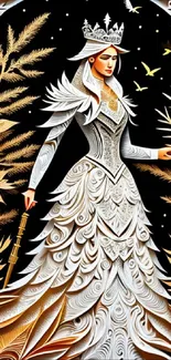 Intricate paper-cut princess in gold and white with nature elements.