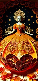 Intricate orange papercraft wallpaper with elegant princess design.