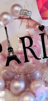 Paris-themed holiday mobile wallpaper with pink ornaments.