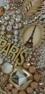 Paris-themed elegant rhinestone phone wallpaper with gold accents.