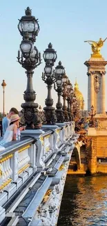 Paris Pont Alexandre III bridge with ornate lamps and river view at sunset.