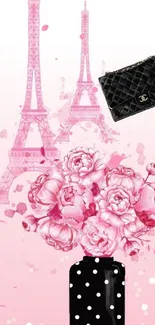 Paris-themed wallpaper with pink flowers and Eiffel Tower.