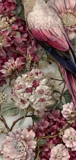 Parrot perched among pink and pastel flowers.