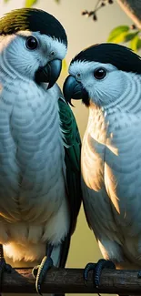 Two elegant parrots perched on a branch with a serene green background.