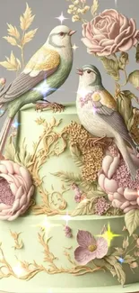 A pastel cake with birds and floral decorations.