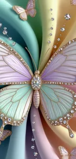 Pastel butterfly with jewel accents on a colorful background.