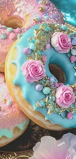 Pastel donuts with floral decorations on a plate.