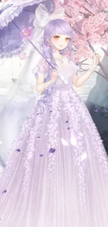 Fantasy wallpaper with lilac dress and cherry blossoms.