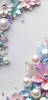 Elegant mobile wallpaper with pastel floral design and pearls.